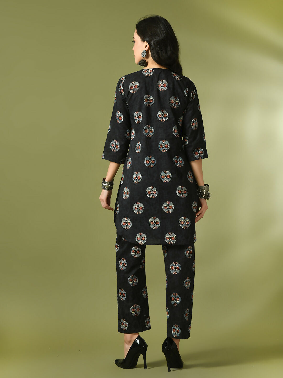 Myshka Women's Black Printed Cotton Round Neck Party Tunic With Trousers Co-ord set - Swadesiicart