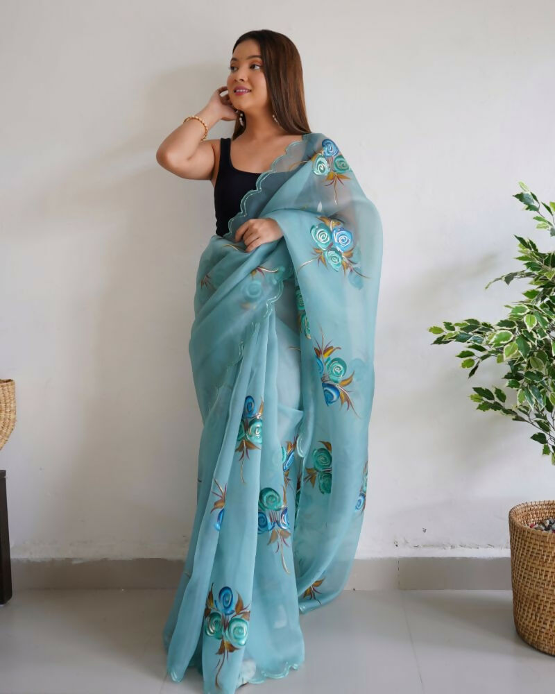 Vamsee Urvashi Blue Organza Saree - Swadesiicart