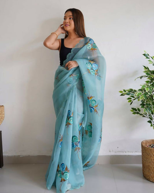 Vamsee Urvashi Blue Organza Saree - Swadesiicart