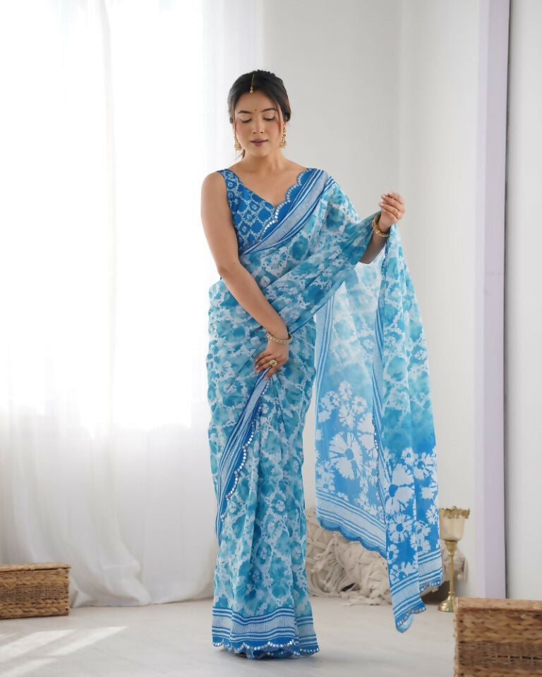 Blue Chinon Designer Digital Printed & Mirror Cut Work Saree - Kriti