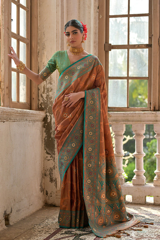 Vishnu Weaves Women's Coffee Banarasi Silk Zari Woven Saree with Blouse - Swadesiicart
