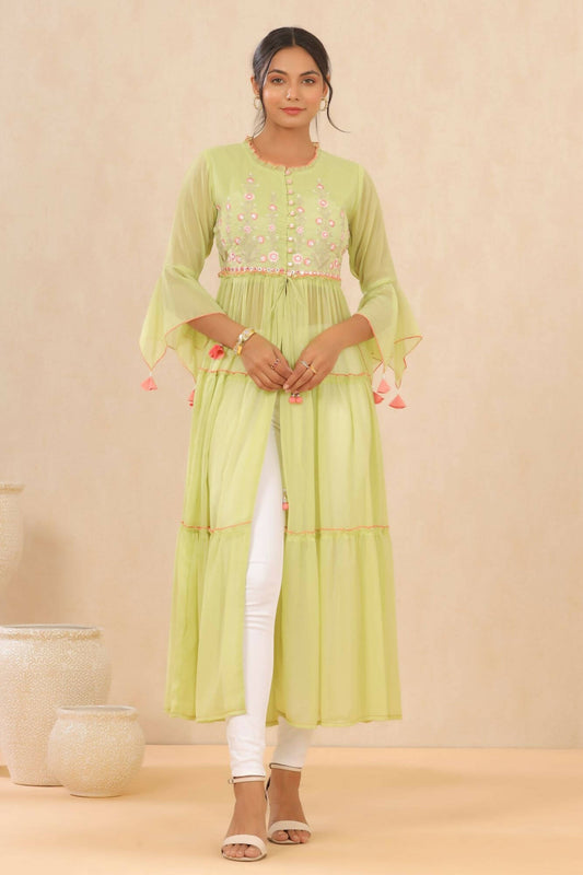 Juniper Women Green Chiffon Embroidered Tiered Kurta | Swadesiicart