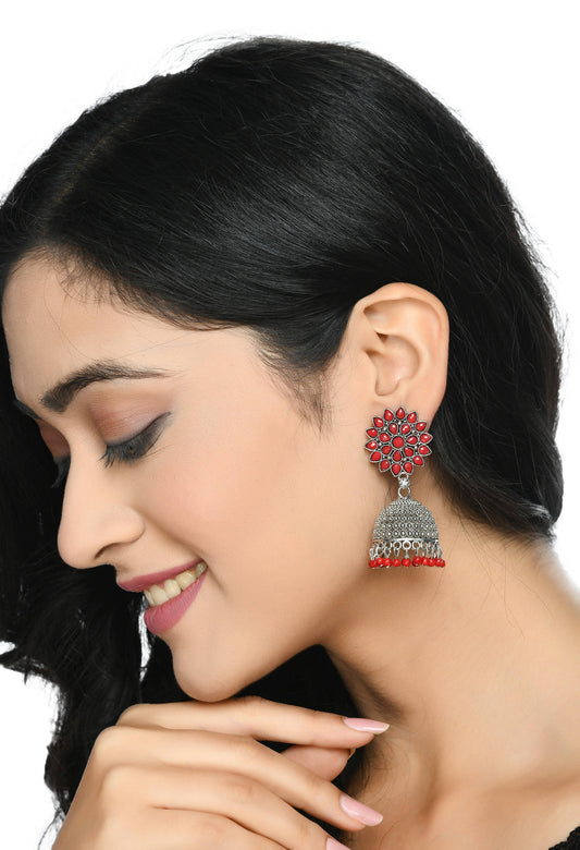 Mominos Fashion Johar Kamal Kundan Work Jhumka With Red Beads - Swadesiicart