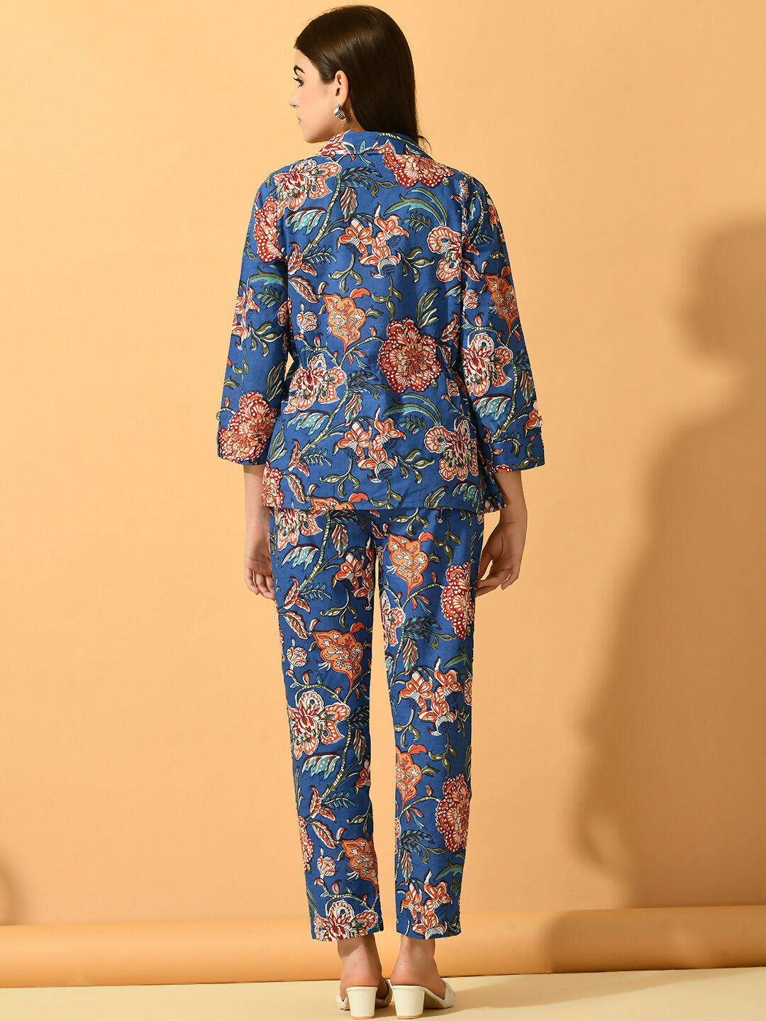 Myshka Women's Blue Printed Coat With Trousers - Swadesiicart