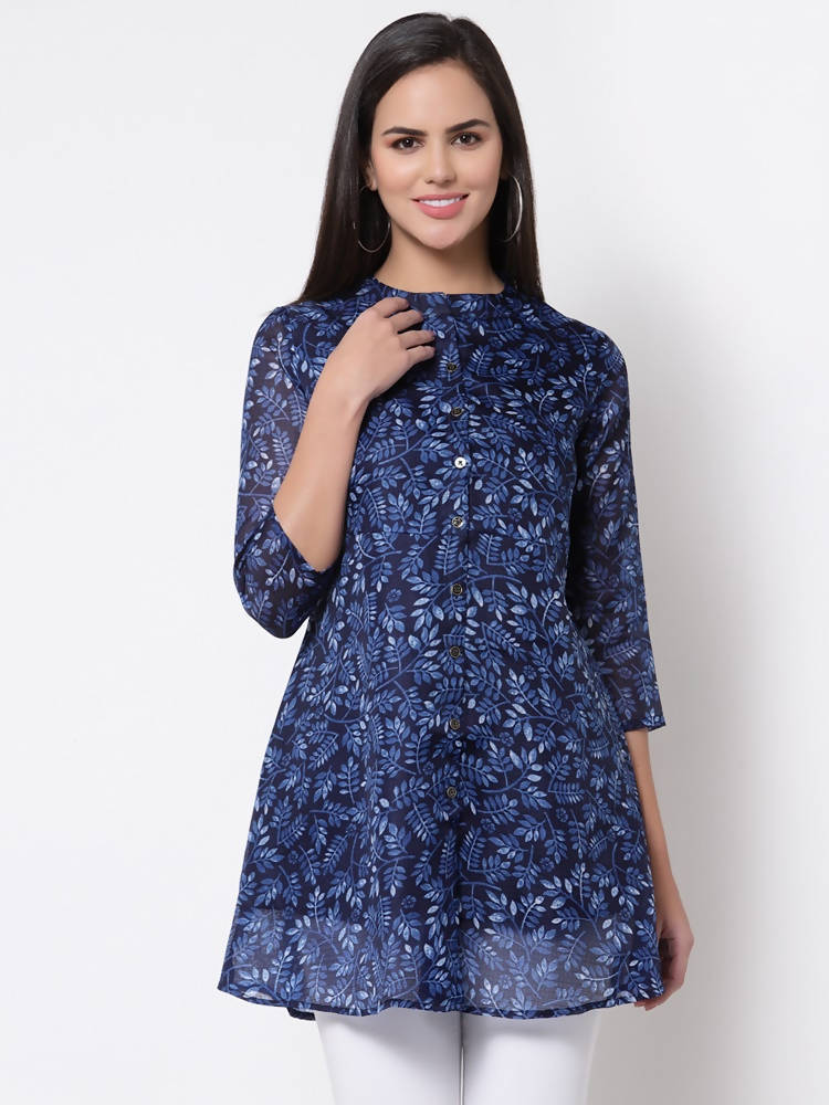 Myshka Women's Trendy Organza Printed Printed 3/4 Sleeve Round Neck Casual Multicolor Tunic