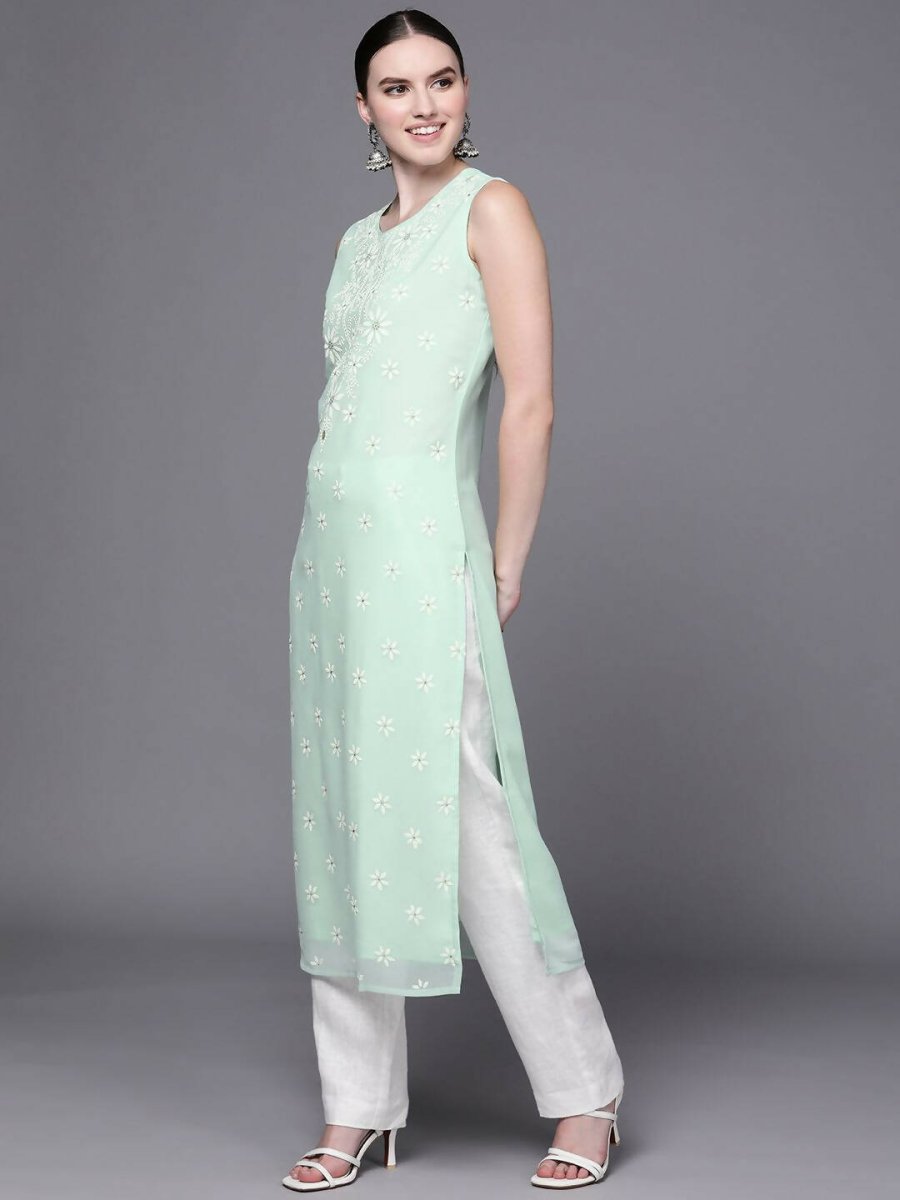 Ahalyaa Women Sea Green Floral Printed Georgette Kurta | Swadesiicart