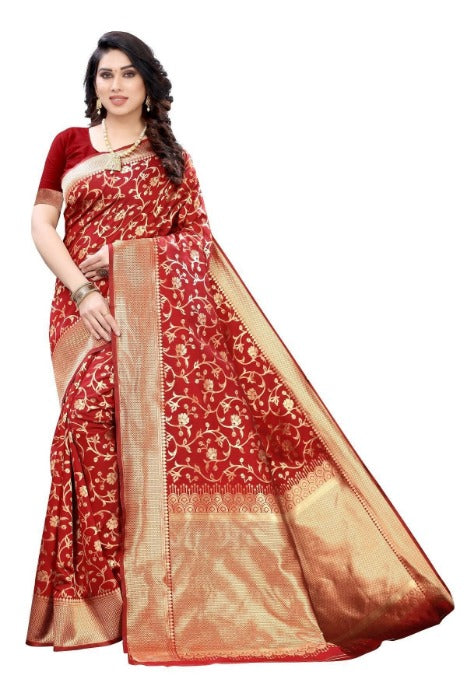 Vamika Banarasi Jacquard Weaving Red Saree (PARINITI RED) | Swadesiicart