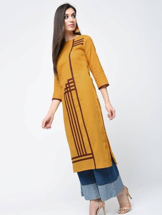 Aniyah Cotton Straight Mustard Color Kurta With Patchwork (AN-105K) - Swadesiicart
