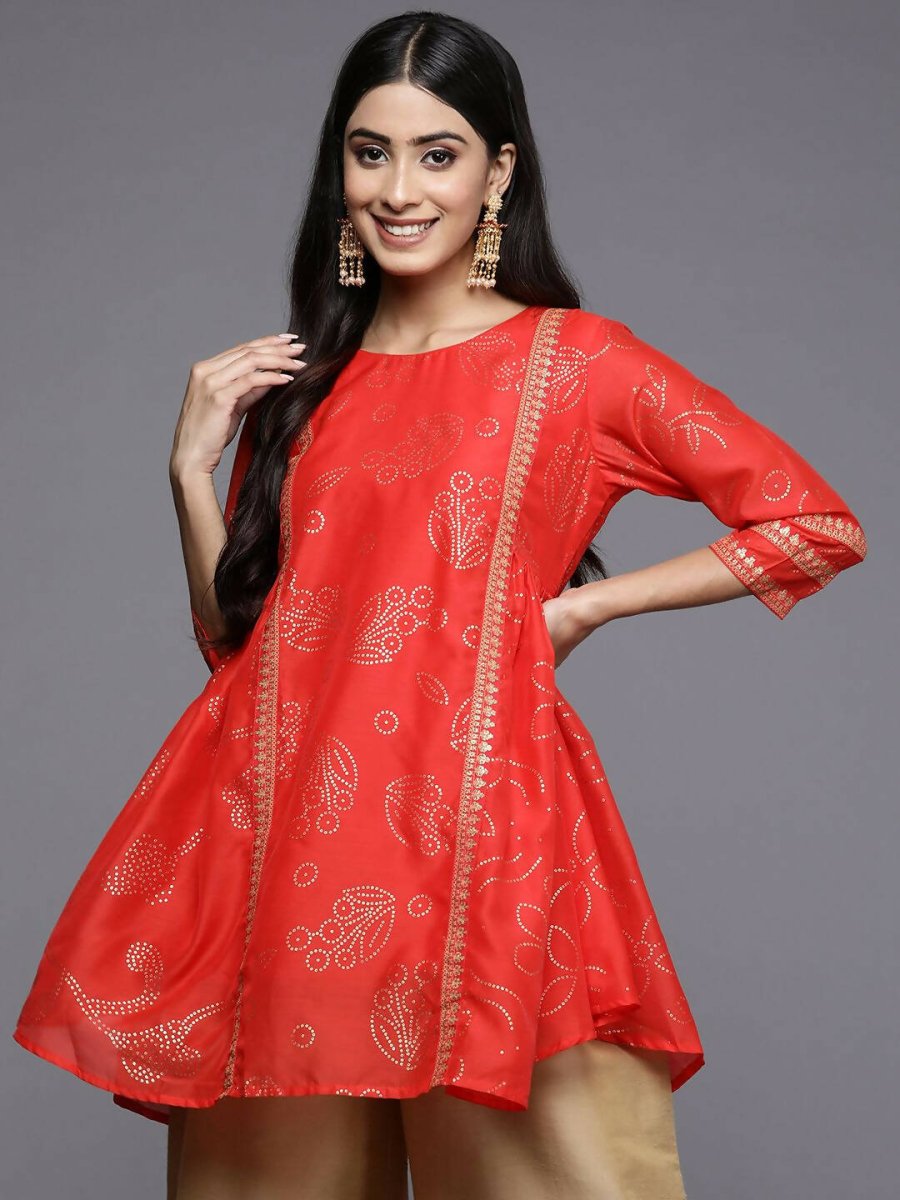 Ahalyaa Womens Red Colour Chanderi Printed Tunic | Swadesiicart