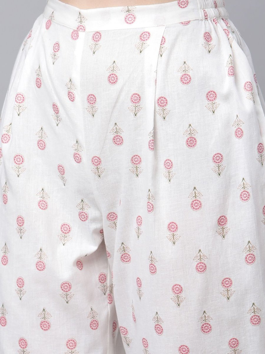 Ahalyaa Women White Pure Cotton Printed Kurta Pant Set | Swadesiicart