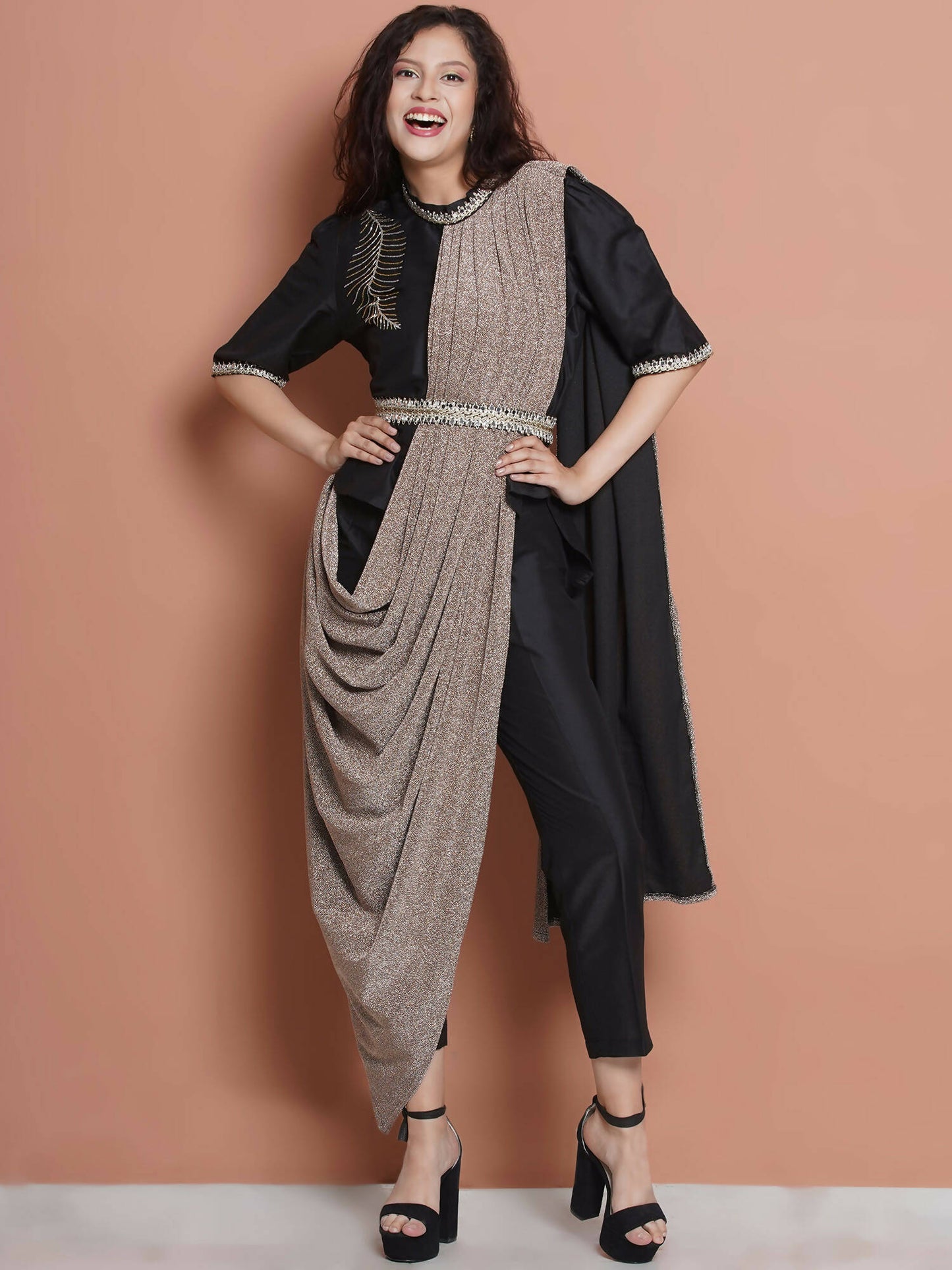 Women Republic Black Cotton Blended Set with Attached Drape | Swadesiicart