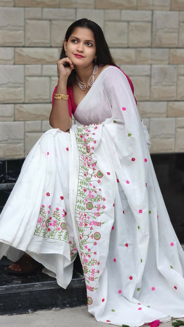 Exclusive Collection White Pure Cotton Handloom Embroidered Saree - Swadesiicart