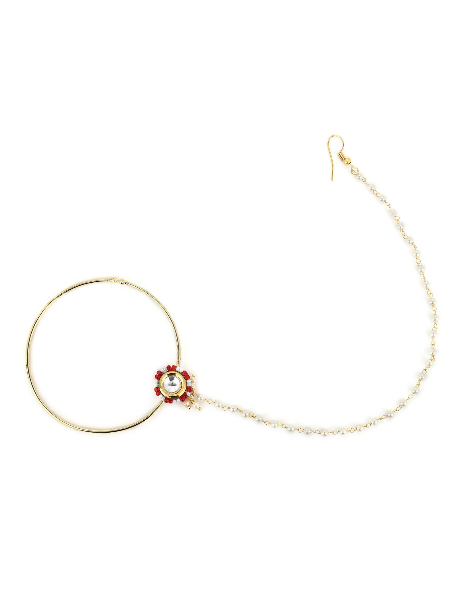 Gold-Pleated Red White Kundan Studded Beaded Chained Nosepin - Ruby Raang | Swadesiicart
