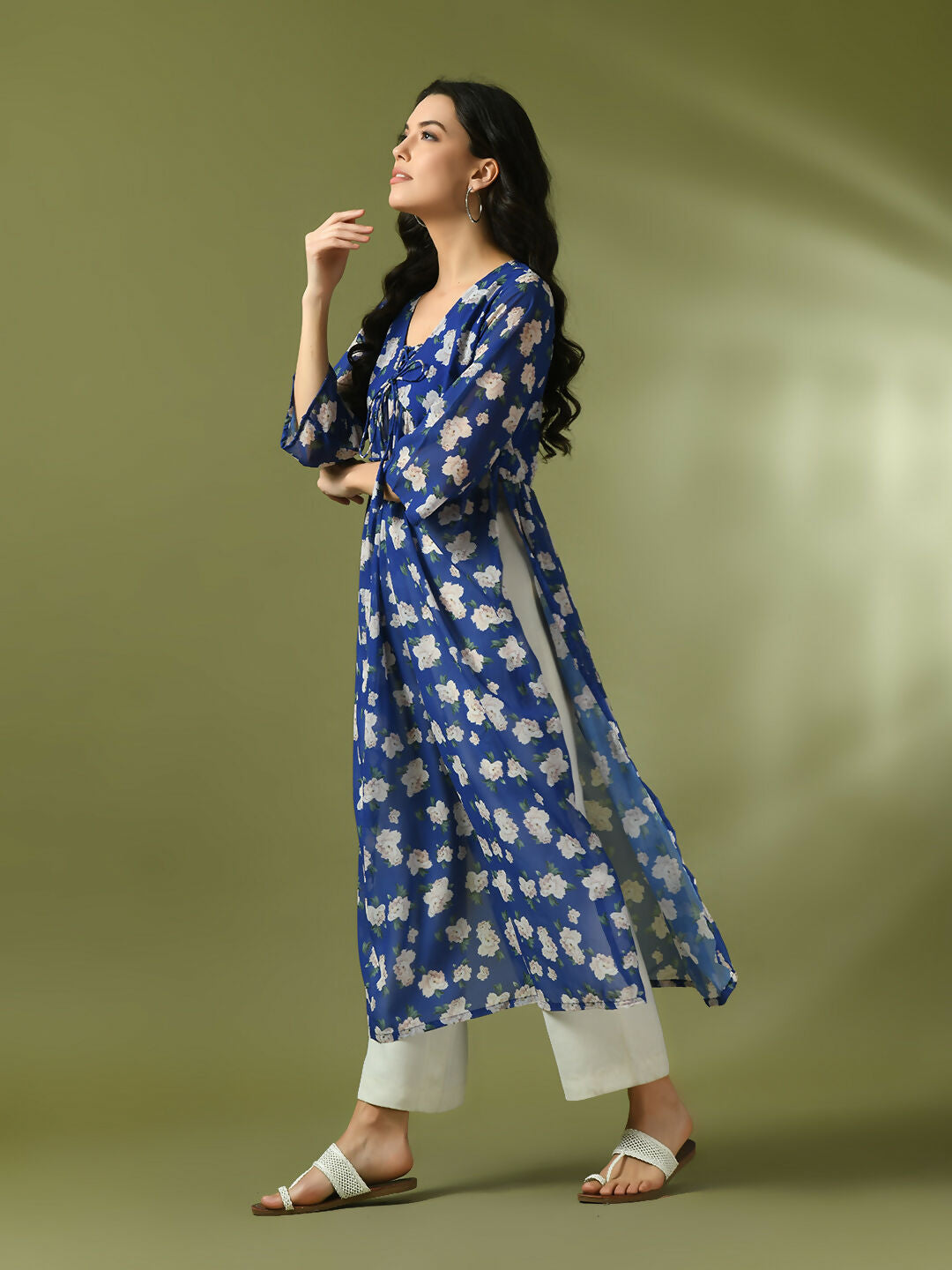 Myshka Women's Blue Printed Georgette A-Line Nyra-cut Kurta - Swadesiicart