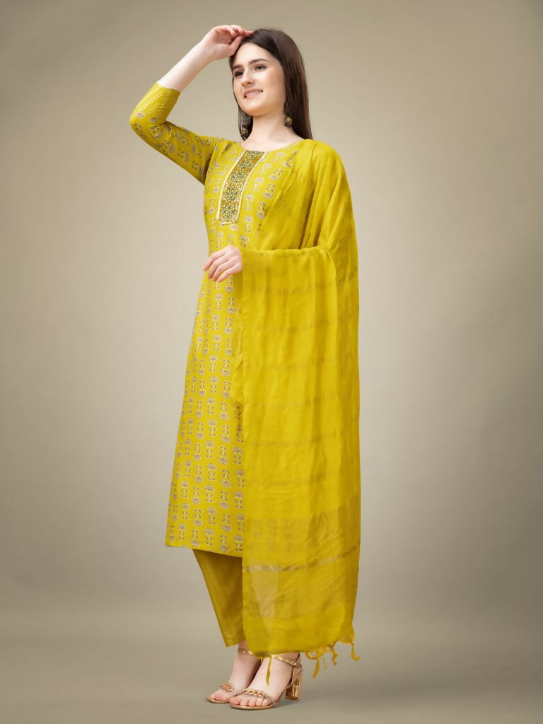 Jyoti Fashion Women's Yellow Rayon Embroidery & Sequence work Kurta with Trouser & Dupatta | Swadesiicart