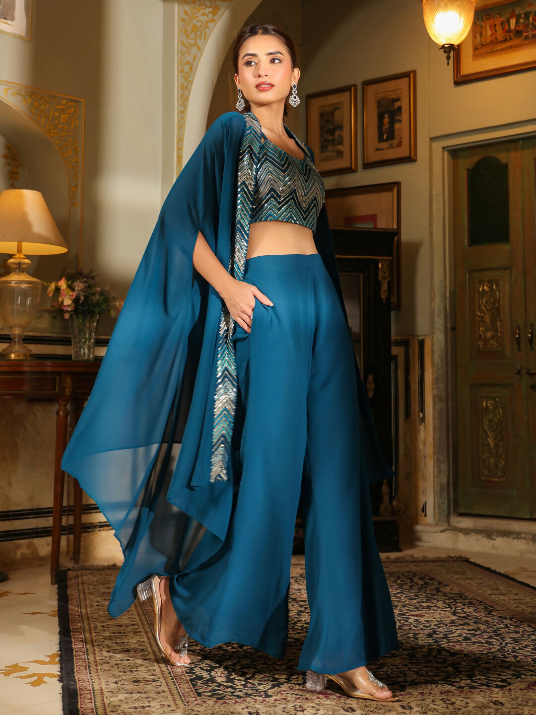 Janasya Teal Blue Georgette Embroidered Top Bottom Cape | Swadesiicart