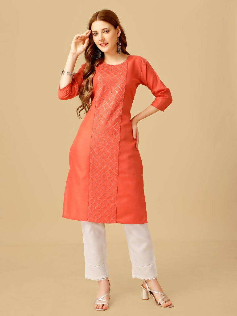 Jyoti Fashion Women's Coral Cotton Blend Embroidered Kurta Pant Set | Swadesiicart