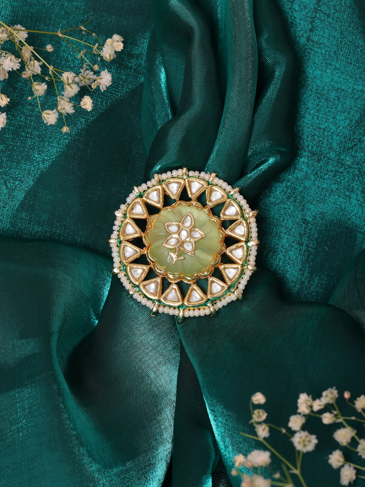 Ruby Raang Gold Polished Green Kundan Cocktail Ring | Swadesiicart