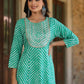 Juniper Women's Green Printed Embroidered Mirror Work Sequin Cotton Flared Dress | Swadesiicart