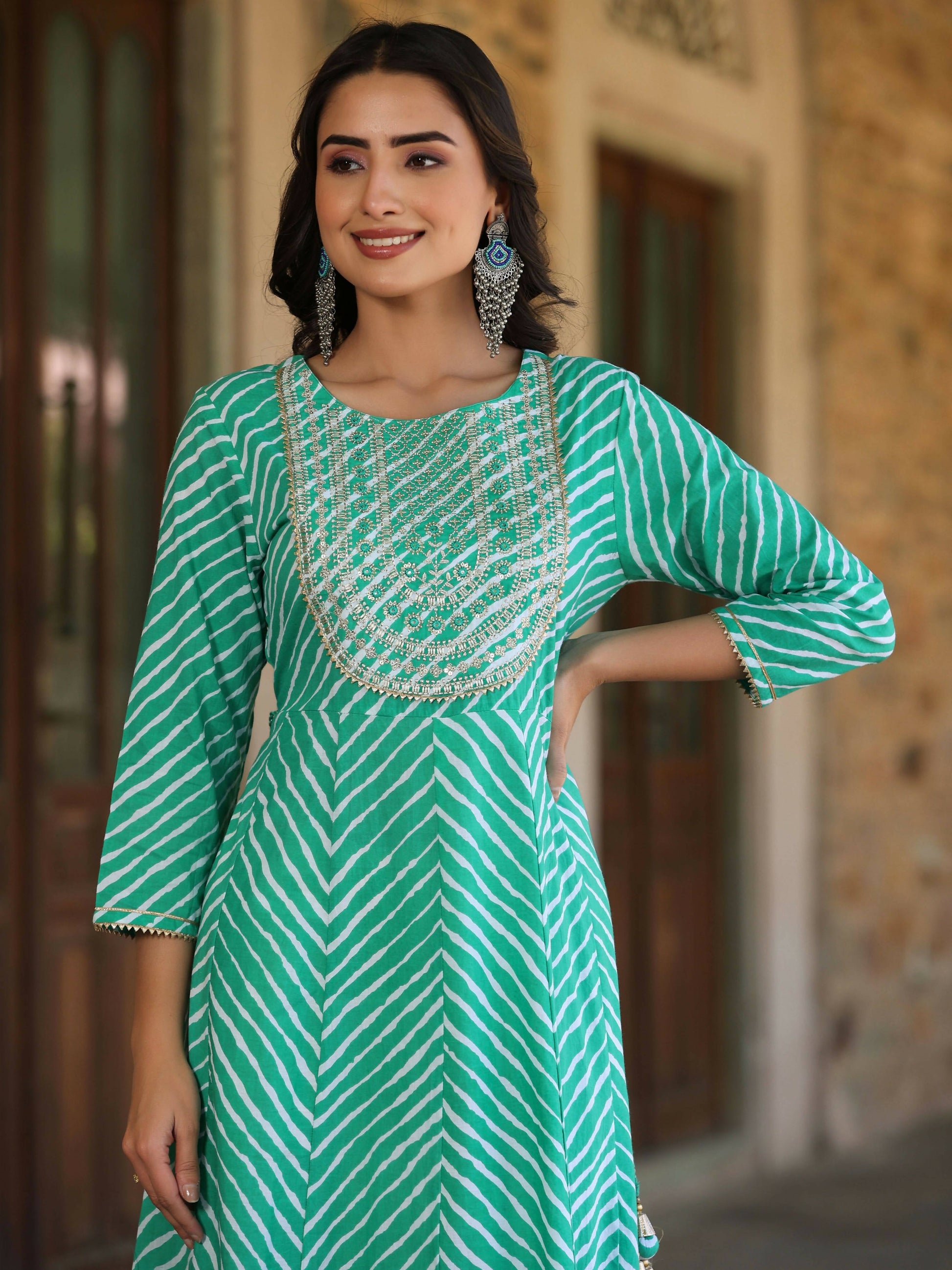 Juniper Women's Green Printed Embroidered Mirror Work Sequin Cotton Flared Dress | Swadesiicart