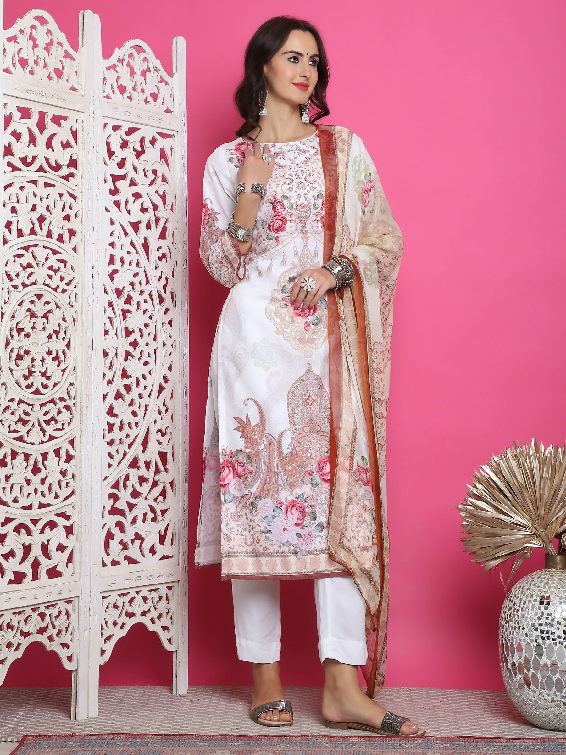 Jyoti Fashion Women's Cream Satin Traditional Digital Print with Crystal work Kurta with Trouser & Dupatta | Swadesiicart