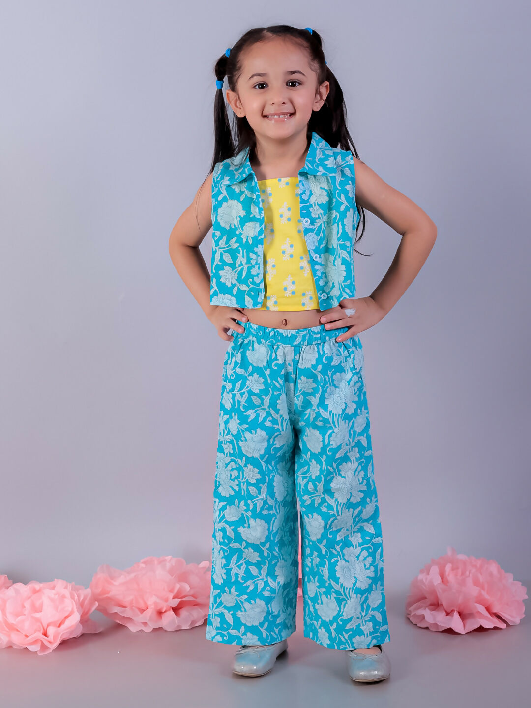Lil Drama Jaipur Girls Blue Printed Top with Printed Pant Co-ordinate Set - Swadesiicart