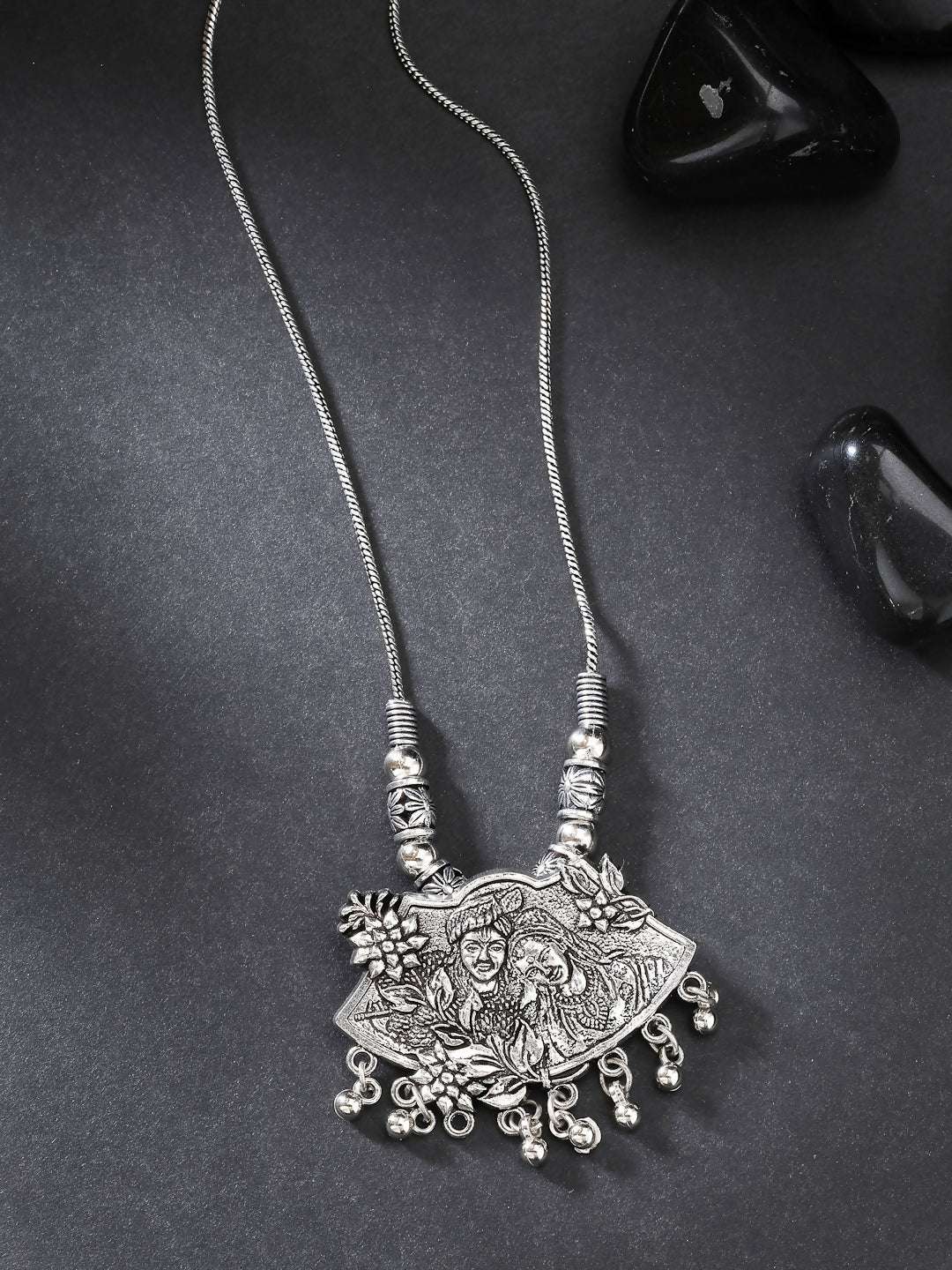 NVR Women's Silver-Toned Radha Krishna Pendant with Chain | Swadesiicart
