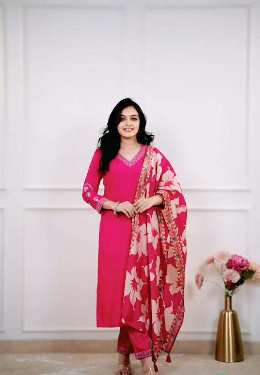 The52 Pink Women's Beautiful Viscose Silk Fabric Embroidered Work Straight Kurta Pant and Dupatta Set - Swadesiicart