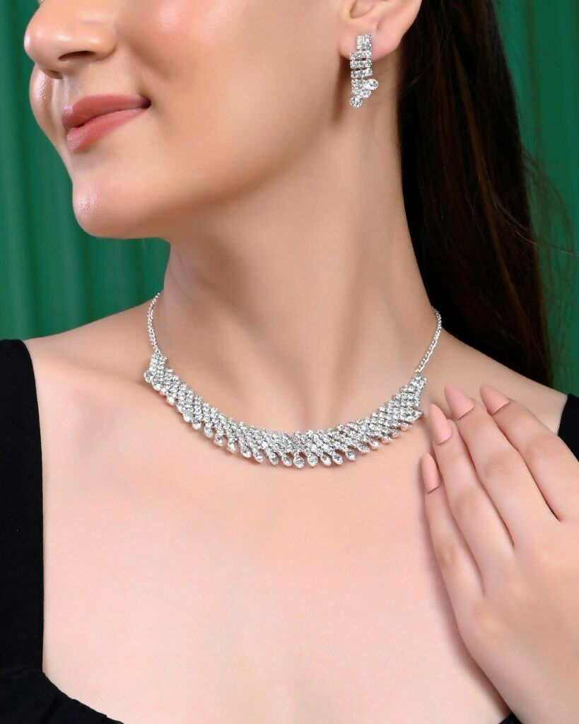 VOJ Silver Plated AD Stone Studded Necklace With Earrings Jewellery Set - Swadesiicart