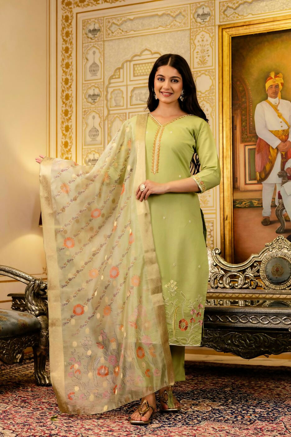 The52 Lemons Women's Beautiful Viscose Shimmer Fabric Embroidered Work Straight Kurta Pant and Dupatta Set - Swadesiicart