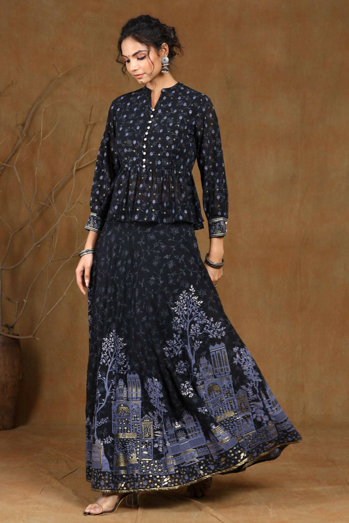 Juniper Women Black Georgette Printed Flared Lehenga Choli Sets | Swadesiicart