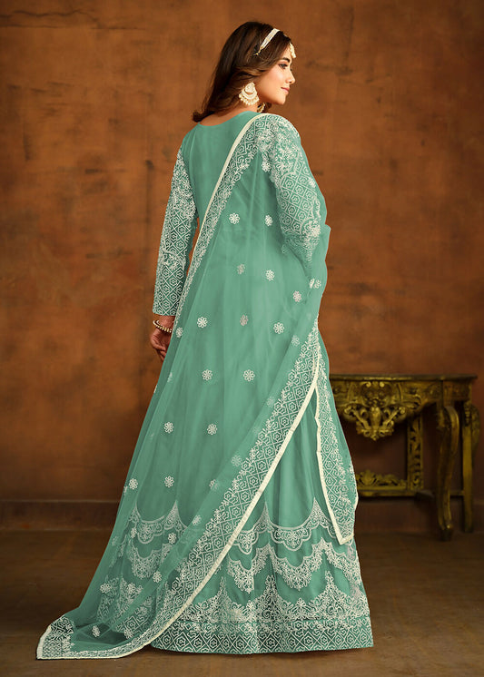 Green All Over Embroidered Net Wedding Anarkali Suit - Emponline | Swadesiicart