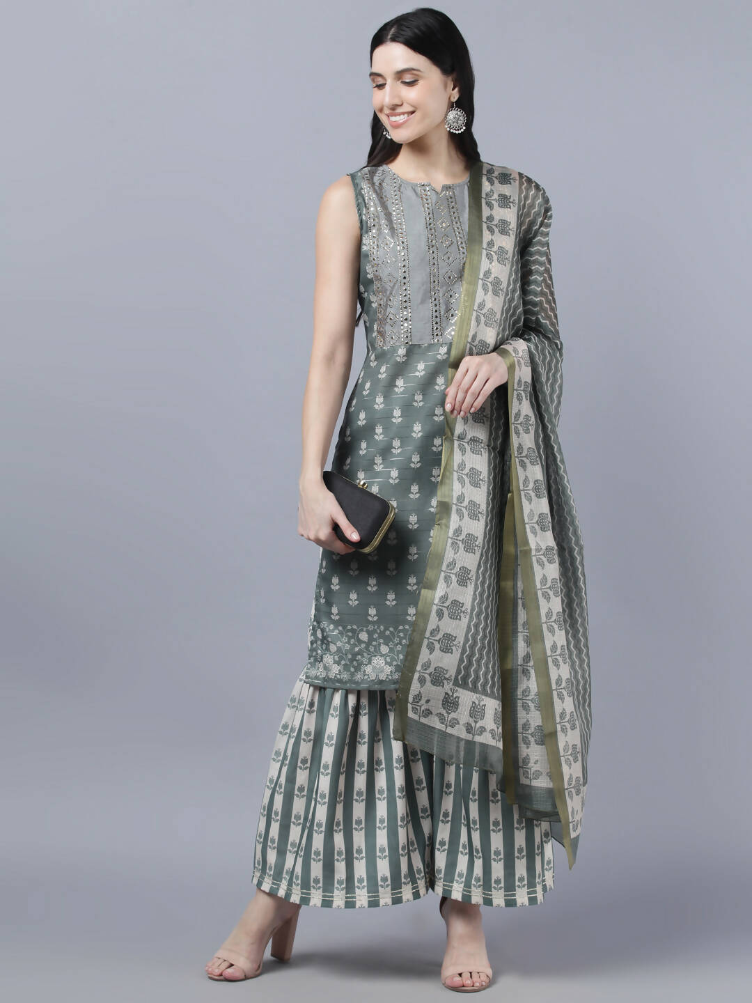 Myshka Women Grey Ethnic Motifs Printed Kurta with Shararas With Dupatta Set | Swadesiicart