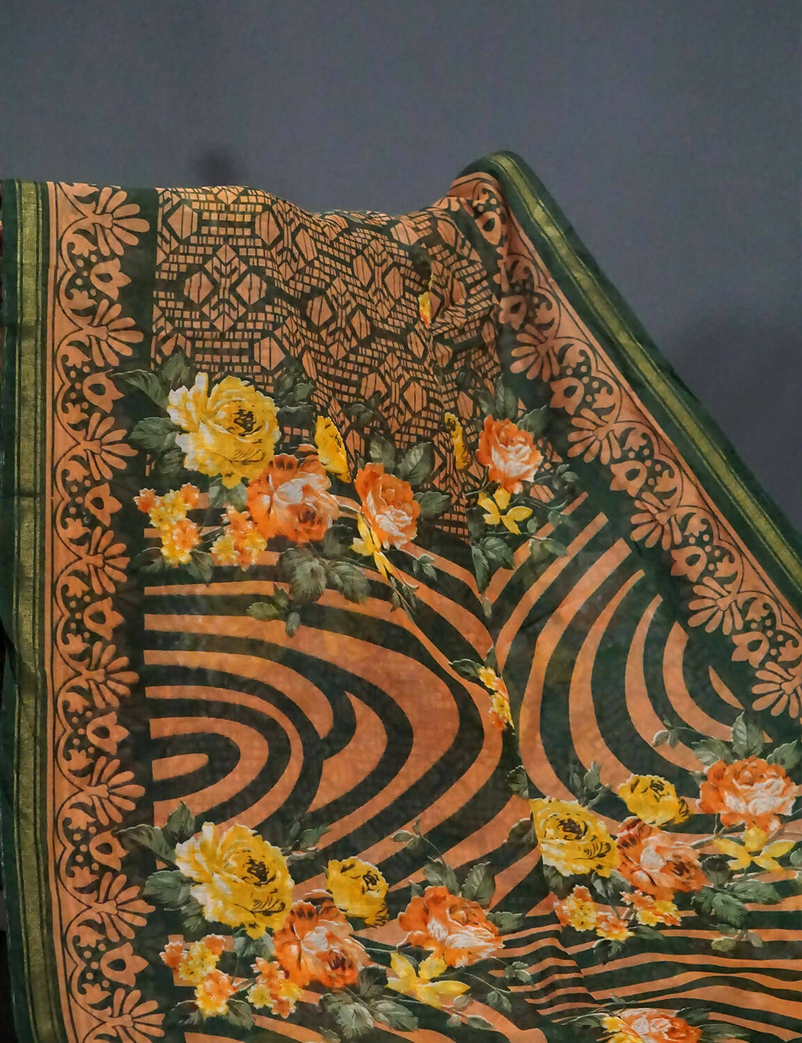 Shades Of Dark Leaf Green Floral Design Semi Chanderi Saree By Gayathri Reddy Designer Studio | Swadesiicart