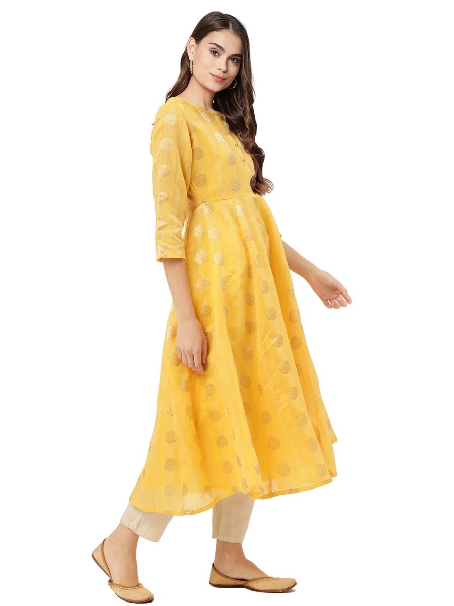 Ahalyaa Women Yellow Chanderi Jacquard Woven Dress | Swadesiicart