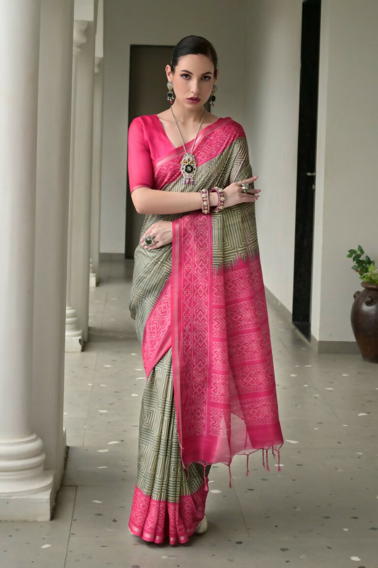Vishnu Weaves Women's Pink Soft Tussar Silk Printed Saree with Blouse - Swadesiicart