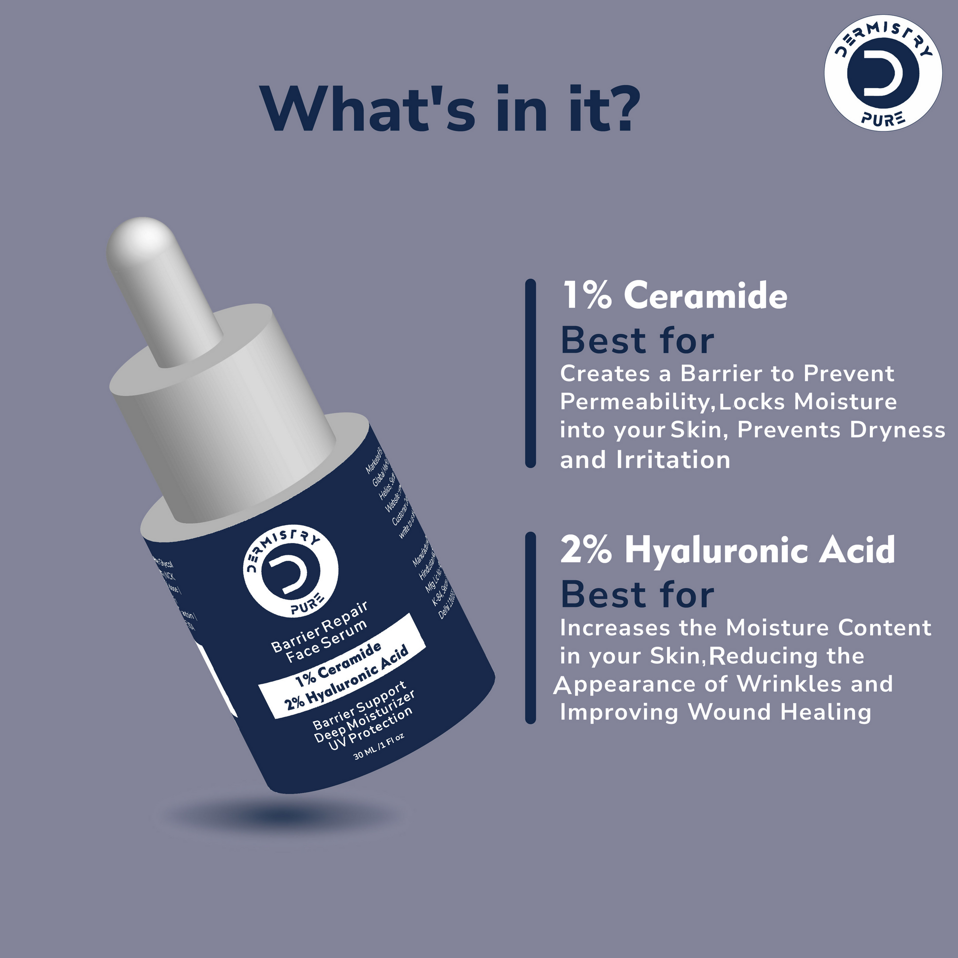 Dermistry 1% Ceramide 2% Hyaluronic Acid Sensitive Dry Skin Barrier Repair Moisturiser Face Serum - Swadesiicart