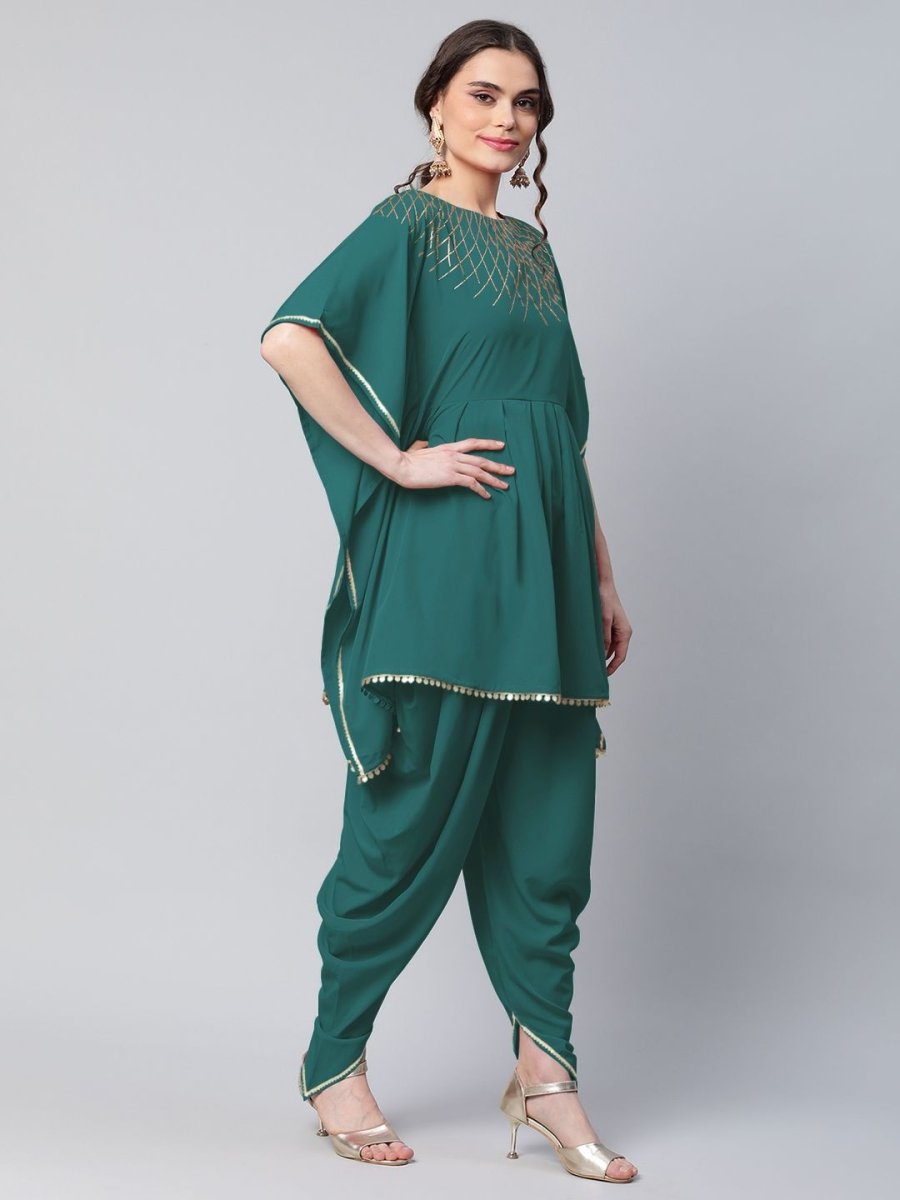 Ahalyaa Women Dark Green Crepe Glitter Printed Kurta with Dhoti Pants | Swadesiicart