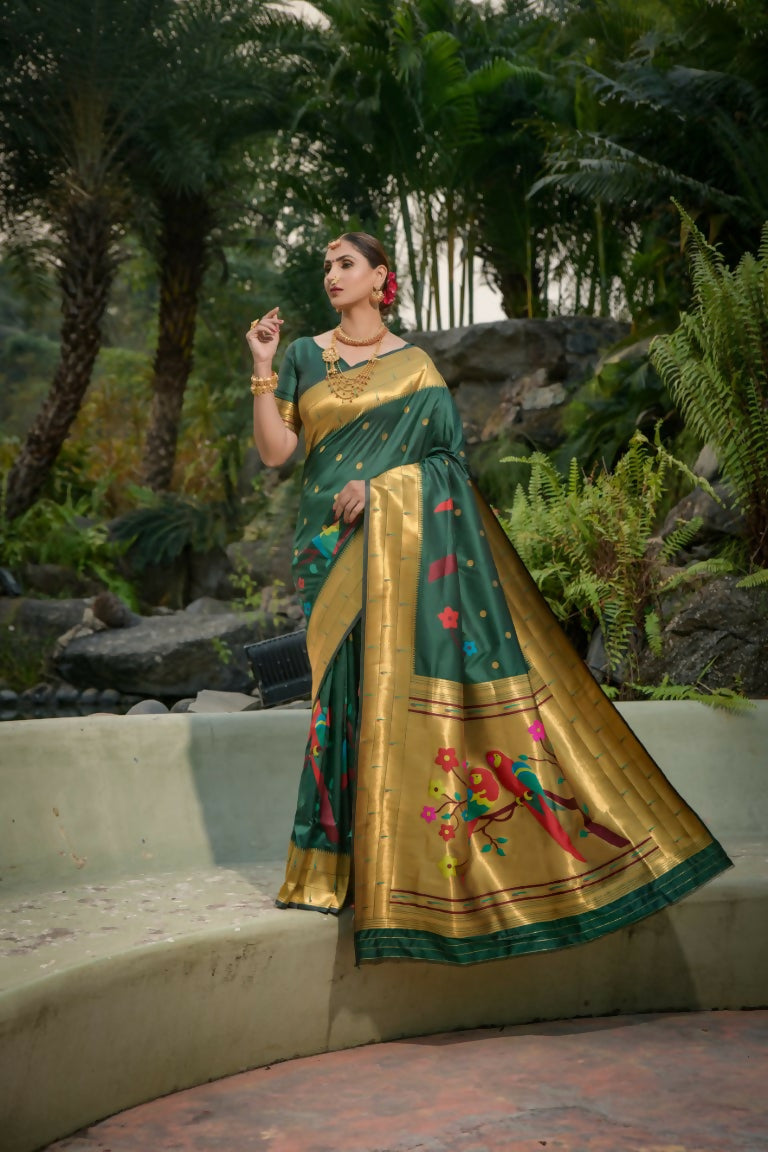 Jyoti Fashion Women's Bottle Green Paithani Silk Zari Woven Saree with Blouse | Swadesiicart