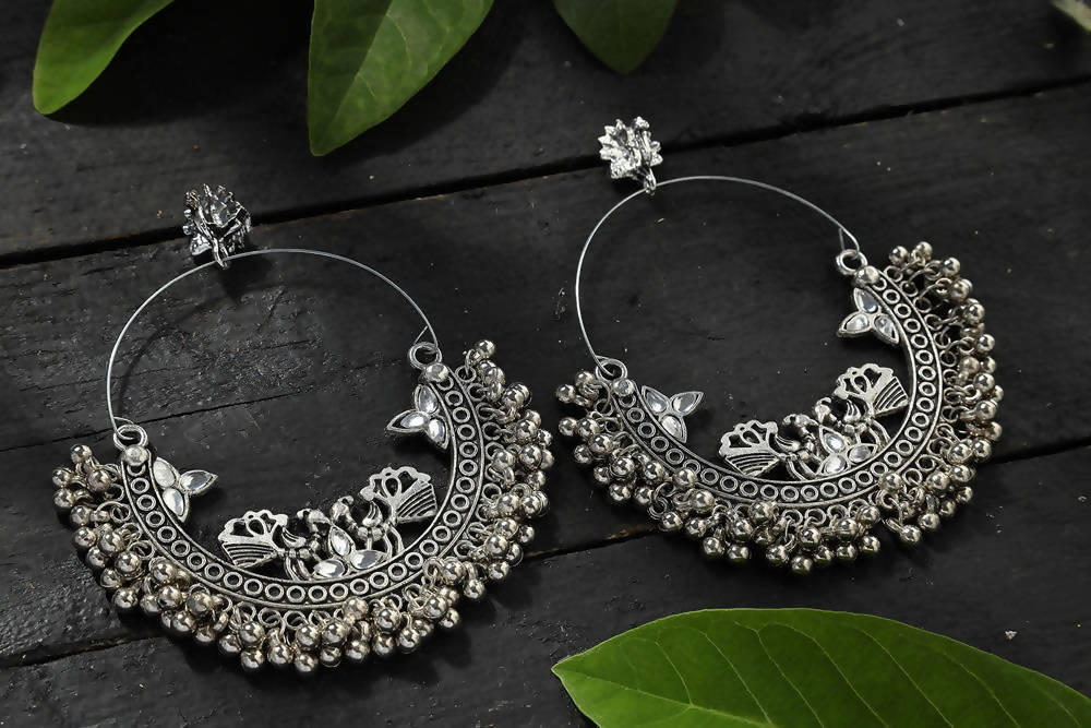 Mominos Fashion Johar Kamal Silver Peacock Design Chandbali Earrings - Swadesiicart