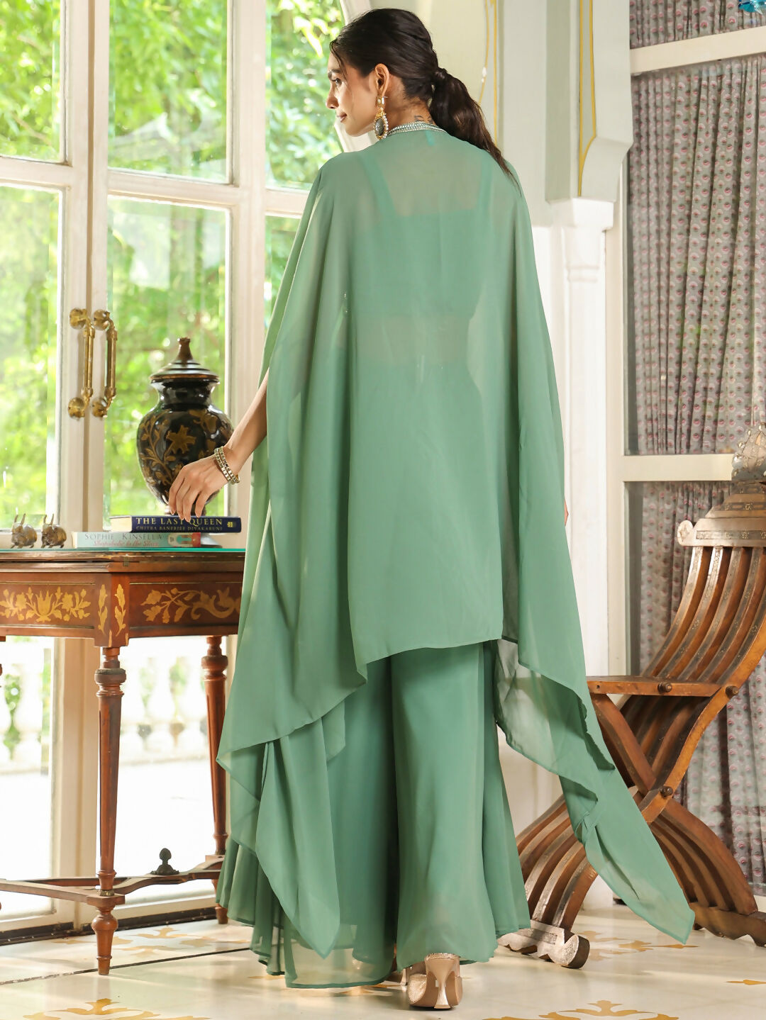 Janasya Sage Green Georgette Sequined Top Bottom Cape | Swadesiicart