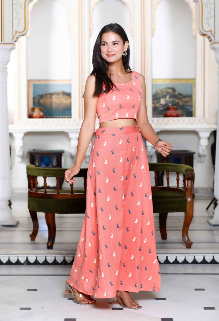 Miravan Women's Peach Animal Print Round Neck Top With Side Slit Skirt Co-Ord Set - Swadesiicart