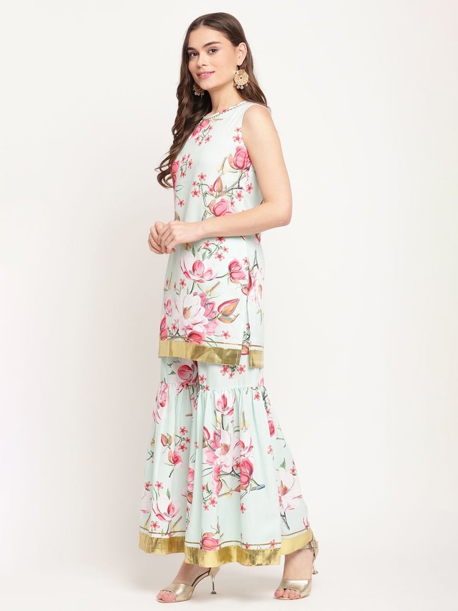 Ahalyaa Women's Mint Green Crepe Digital Floral Print Kurta Sharara Set with Dupatta | Swadesiicart