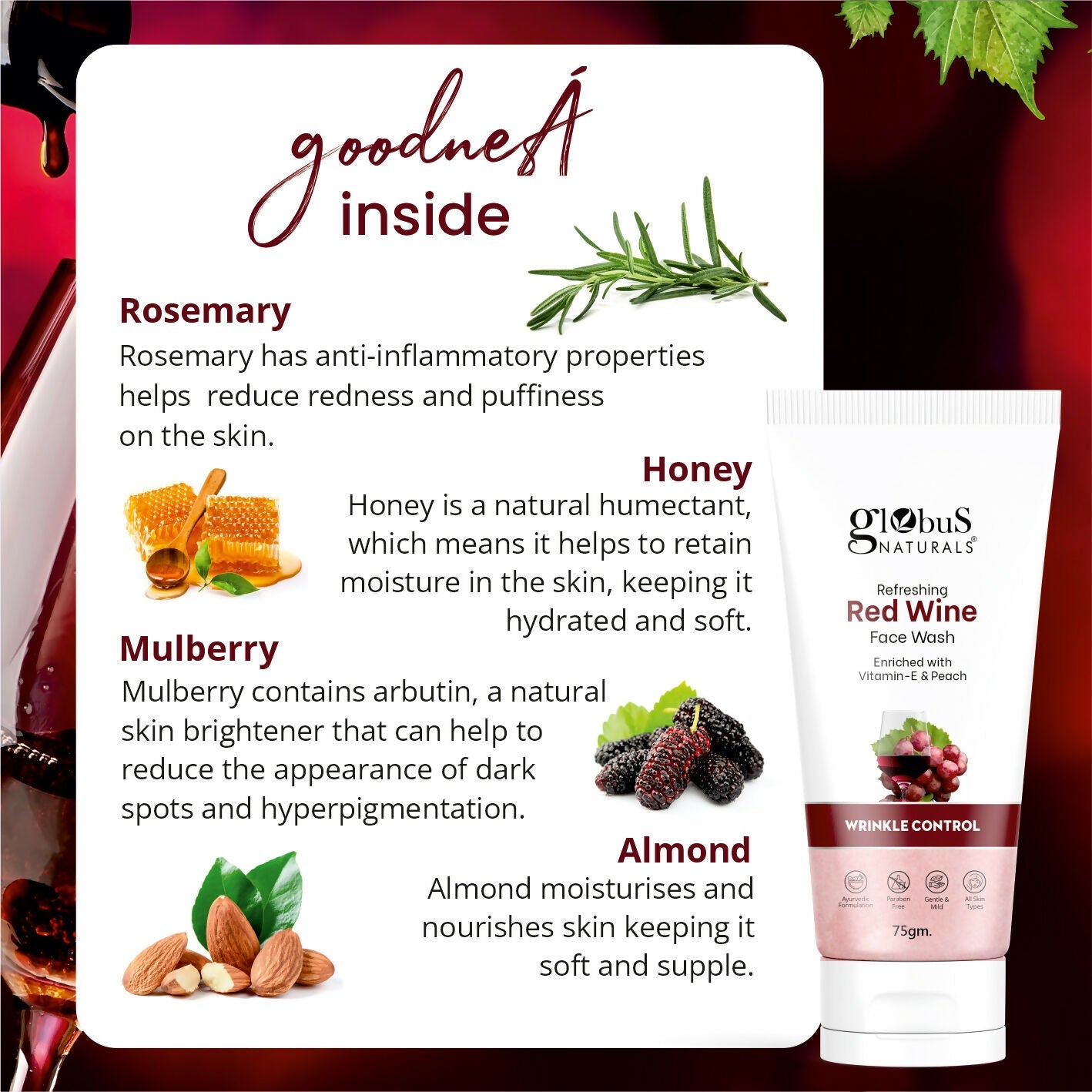 Globus Naturals Red Wine Hydrating Face Wash | Swadesiicart