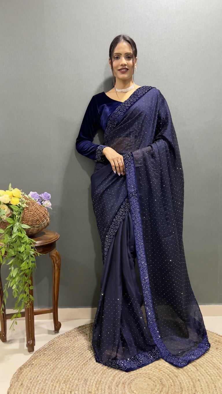Vastranavya Dark Purple Rangoli Silk Swarovski work Ready to Wear Saree | Swadesiicart
