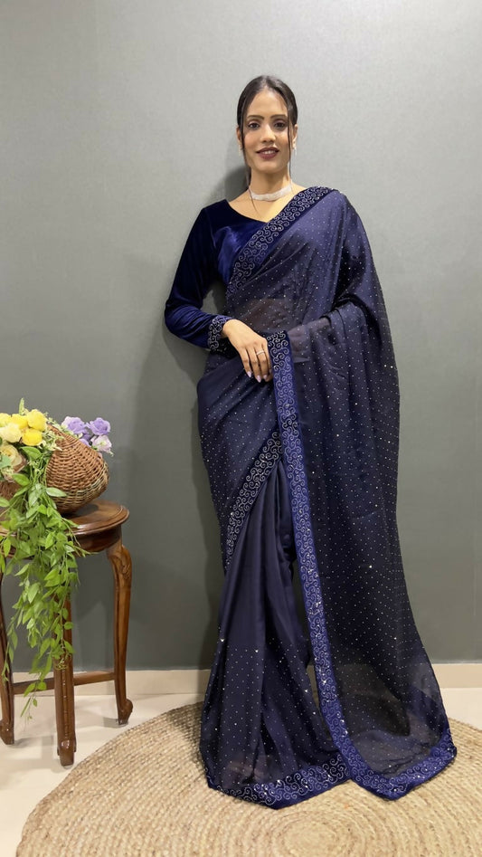 Vastranavya Dark Purple Rangoli Silk Swarovski work Ready to Wear Saree | Swadesiicart