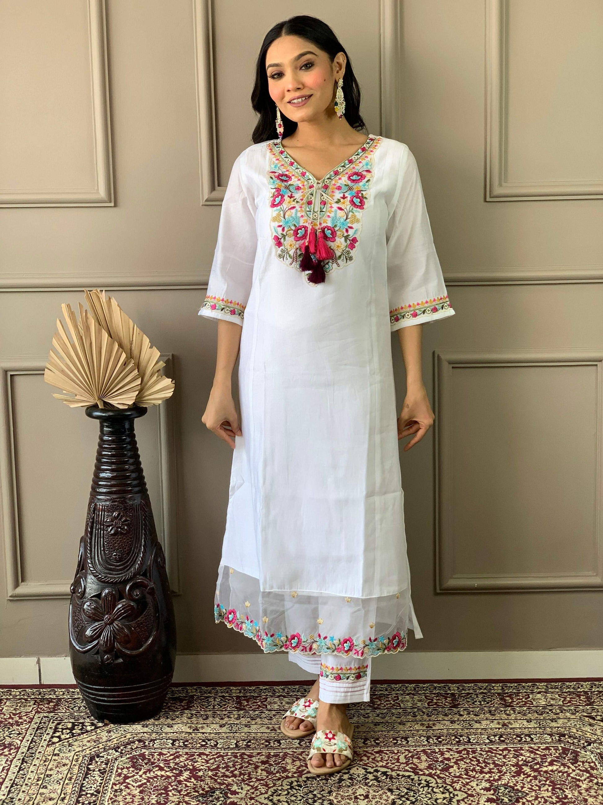 Partywear Designer Chanderi With Cotton Lining White Stitched Suit With Dupatta - Tanisha | Swadesiicart