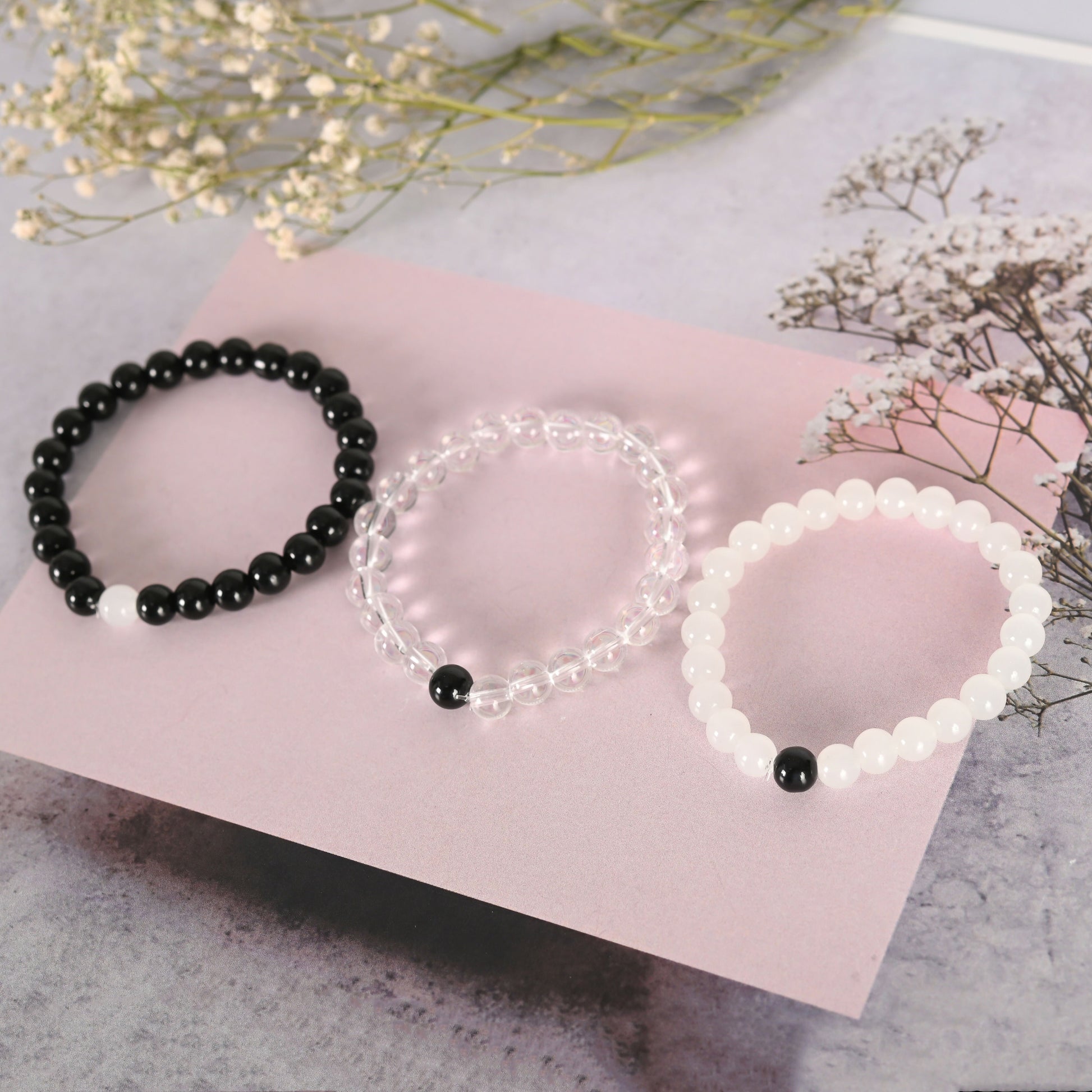 NVR Men & Women Transparent & White & Black Marbel Crystal Elasticated Bracelet - Swadesiicart
