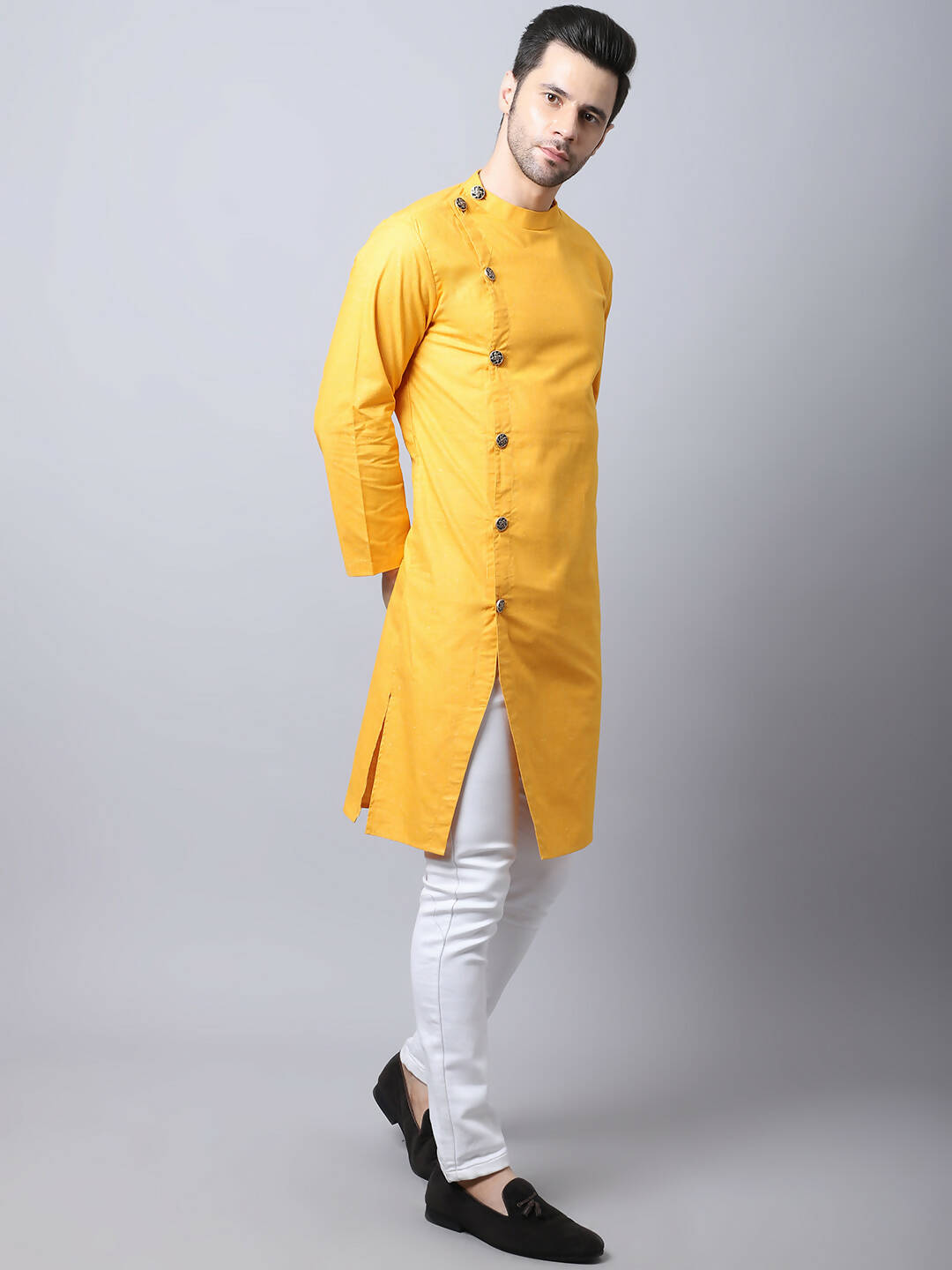 Even Apparels Yellow Pure Cotton Sherwani Kurta With Asymetrical Cut | Swadesiicart