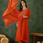 The52 Orange Women's Gorgeous Embroidered Chinon Fabric Flared Kurta Pant and Dupatta Set - Swadesiicart